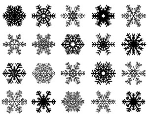 Set of different black snowflakes on a white background