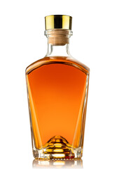Bottle of premium alcohol, amber color, isolated on white background. Ideal for a mock-up design.