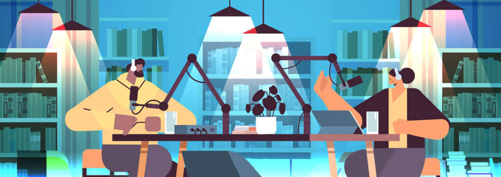 podcasters talking to microphones recording podcast in studio podcasting online radio broadcasting concept - Powered by Adobe