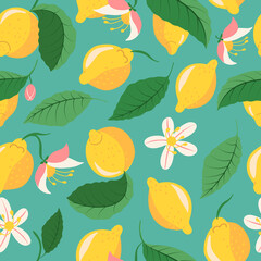 Vector seamless pattern with yellow lemons with leaves and flowers with a bright summer sky background