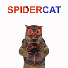 A beige cat is wearing a spiderman costume. Spidercat. White background. Isolated. - 443557918