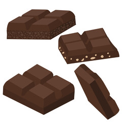 Hand drawn illustrations of chocolate bar. Colorful vector hand drawn doodle cartoon set. Pieces of milk chocolate bar with nuts, Porous chocolate