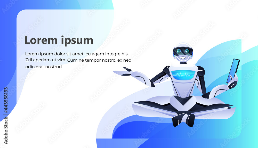 Poster modern robot sitting lotus pose robotic character using tablet pc artificial intelligence technology