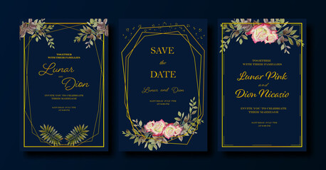 Wedding invitation card vintage golden frame set roses, leaf.