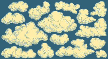 Clouds in the sky. Design set. Editable hand drawn illustration. Vector engraving. Isolated on color background. 8 EPS - 443558707