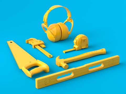 Isometric view of monochrome construction tools for repair on blue and yellow