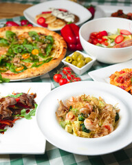 Italian cuisine concept top view Italian dishes. Summer strawberry menu.