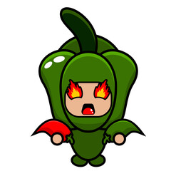 Green pepper mascot costume vector cartoon character holding red chili and green chili with spiciness expression. very suitable for posters, printed fabrics, children's clothes