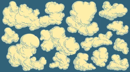 Gardinen Clouds in the sky. Design set. Editable hand drawn illustration. Vector engraving. Isolated on color background. 8 EPS © Marzufello