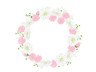 ピンクのバラと白いガーベラのフレーム_丸