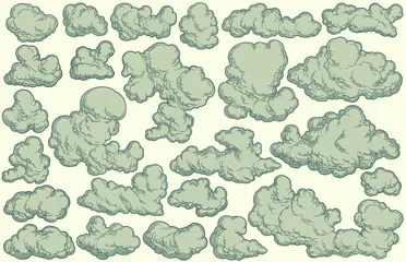 Rolgordijnen Clouds in the sky. Design set. Editable hand drawn illustration. Vector engraving. Isolated on light background. 8 EPS © Marzufello