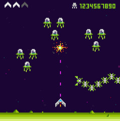 Pixel art 8 bit arcade video game design with space ships and ufo aliens vector template. Retro video game. Pixelated explosion space ships, rockets for level design