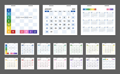 2022 calendar. Set desk calendar for template corporate design. Week start on Sunday.