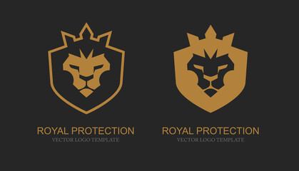 Concept of Protection and defense logo template with Golden Lion face head shield shape with emblem. . Geometric flat style lion security emblem isolated on black background