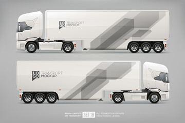 White futuristic cargo Truck Trailer vector mockup with branding design isolated on grey background. Abstract tech graphics on transport. Autonomous electric truck. Driverless cargo vehicle 