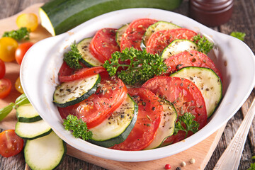tian- zucchini,  tomato and herbs