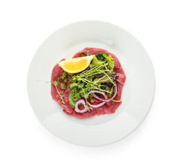 Plate with tasty veal carpaccio on white background