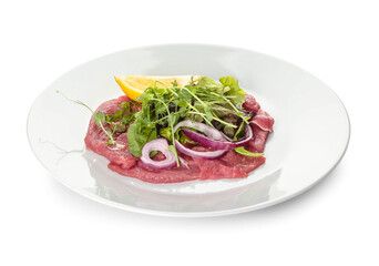 Plate with tasty veal carpaccio on white background