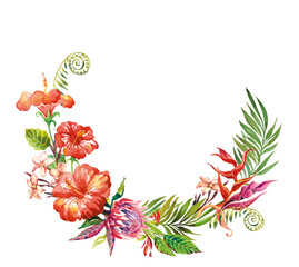 Tropical watercolor flowers and leaves 