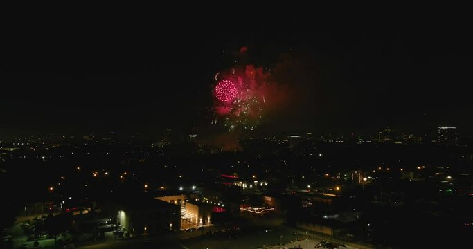 Aerial of Houston 4th of July fireworks at night