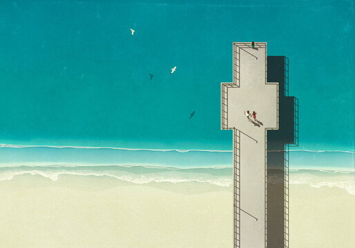 Fototapeta Aerial view family on pier over sunny blue ocean 