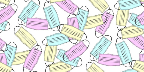 Seamless pattern with blue, pink, yellow medical face masks isolated. Virus protection, quarantine. Coronavirus pandemic. Covid-19