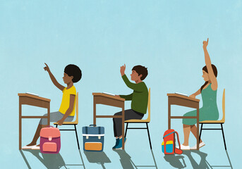 School children with arms raised at classroom desks
