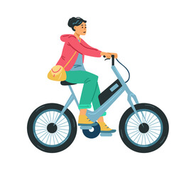 Woman riding eco friendly electric bicycle, flat vector illustration isolated.