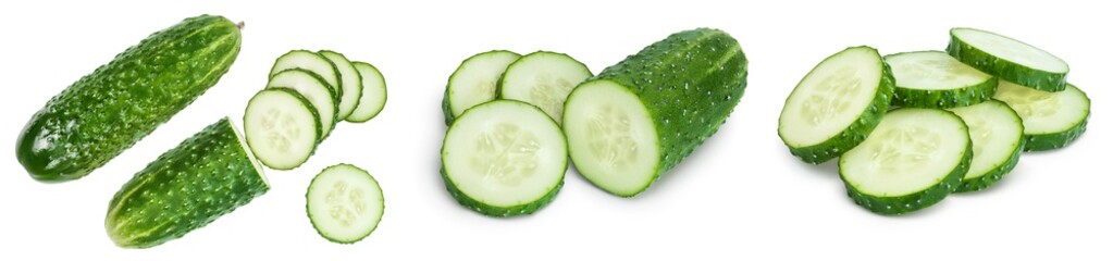 Sliced cucumber isolated on white background. Set or collection