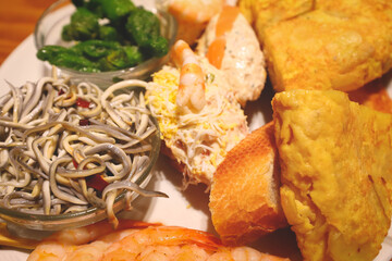 Close up of colorful pinchos, traditional spanish snack in San sebastian