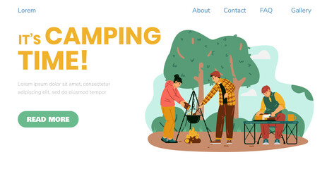 Camping time banner with people traveling as campers, flat vector illustration.