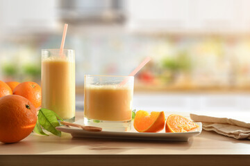 Orange milkshake with fruits on table kitchen background