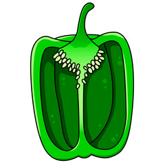 Green pepper. Beautiful shiny healthy green vegetable for salads, sauces and stuffed dishes. Healthy Eating. Vector illustration in flat style for kitchen books, recipes, and websites.