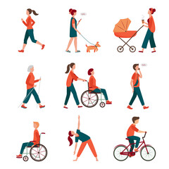 Fototapeta na wymiar Outdoor activity. Different people set isolated on white. Flat characters walking with dog, mom with pram, wheelchair woman. Jogging, riding bicycle, nordic walking, outdoor yoga. Recreation vector