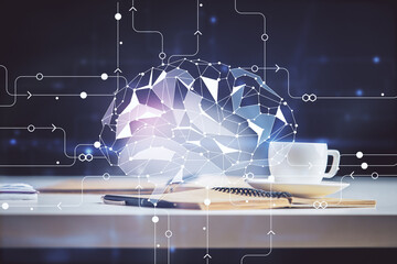Double exposure of brain drawing and desktop with coffee and items on table background. Concept of...