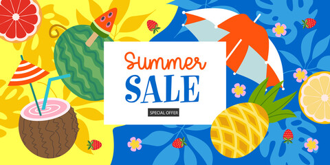 Summer sale. Bright colorful summer vector illustration, advertising poster.