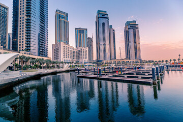 Obraz premium Hotels and apartment residential skyscraper buildings panoramic view in Dubai Marina Creek Harbour