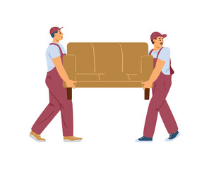 Two loaders or movers man carrying couch, flat vector illustration isolated.