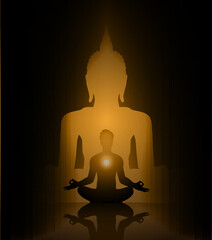 man meditate dark blue abstract background, yoga. ray. beam. Buddhist meditation