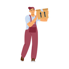 Worker of delivery company service carry cardboard box with things.