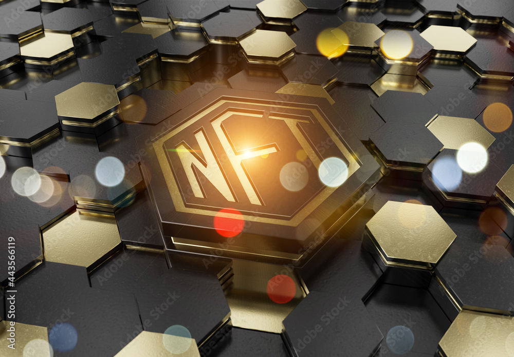 Poster NFT nonfungible tokens concept on hexagonal background. NFT Logo on abstract digital surface. 3d rendering