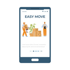 Onboarding mobile app screen for moving service, flat vector illustration.