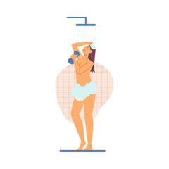 Young pretty woman taking shower, flat vector illustration isolated on white.