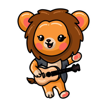 Cute baby lion cartoon playing guitar