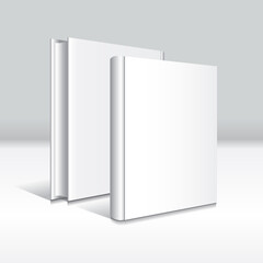 Blank white front-back standing hardcover book mockup template. Isolated on gray background with shadow.