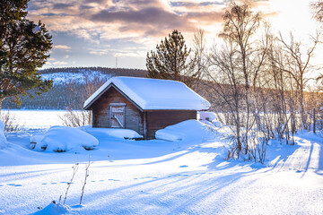 Winter landscape of the town of Jukkasjärvi, Sweden