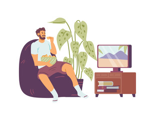 Man resting behind TV at home, flat vector illustration isolated on white.