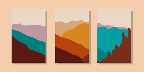 Trendy minimalist abstract landscape illustrations. Set of hand drawn contemporary artistic posters.
