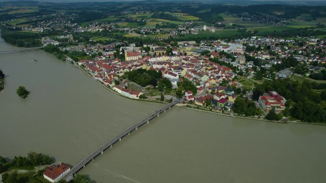 Aerial view around the old town of Schärding in Austria, on a sunny day in spring.
