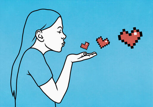 Woman blowing pixel heart kiss
